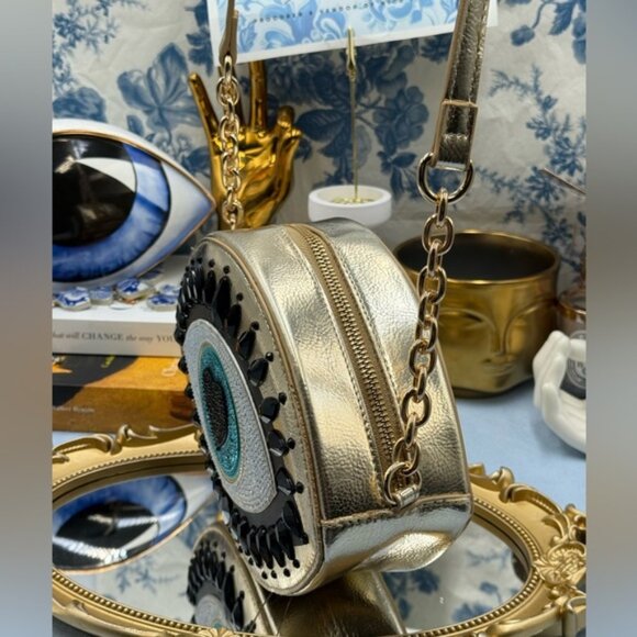 🆕 BETSEY JOHNSON 🧿 NWOT Eyes Have It, Gold Evil Eye Bead Crossbody Bag *FLAW* - Picture 5 of 16